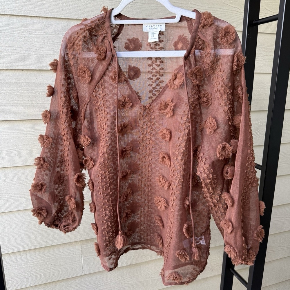 Calypso St Barth Brown Sheer Womens Peasant Blouse Sz Med 3D Pom Pom Long Sleeve